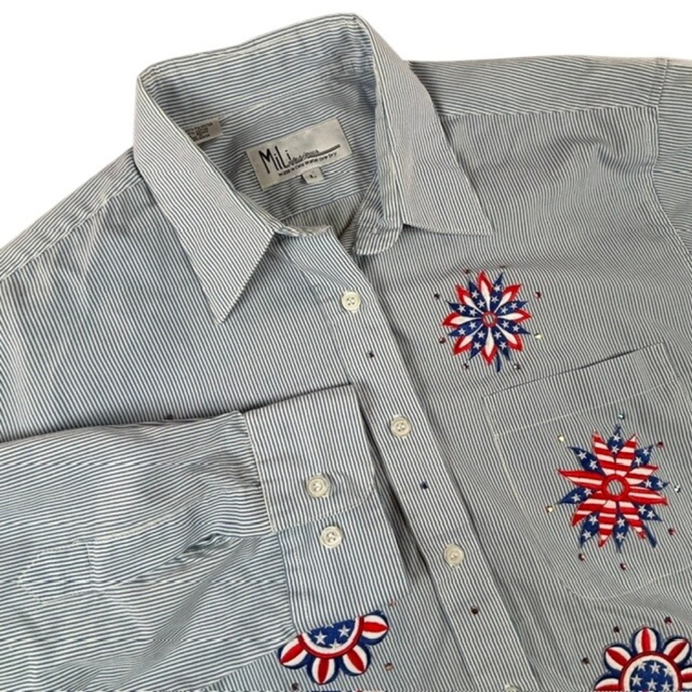 MiLi Designs Blue White Stripe Button Up Shirt LG Embroidered USA Patriotic